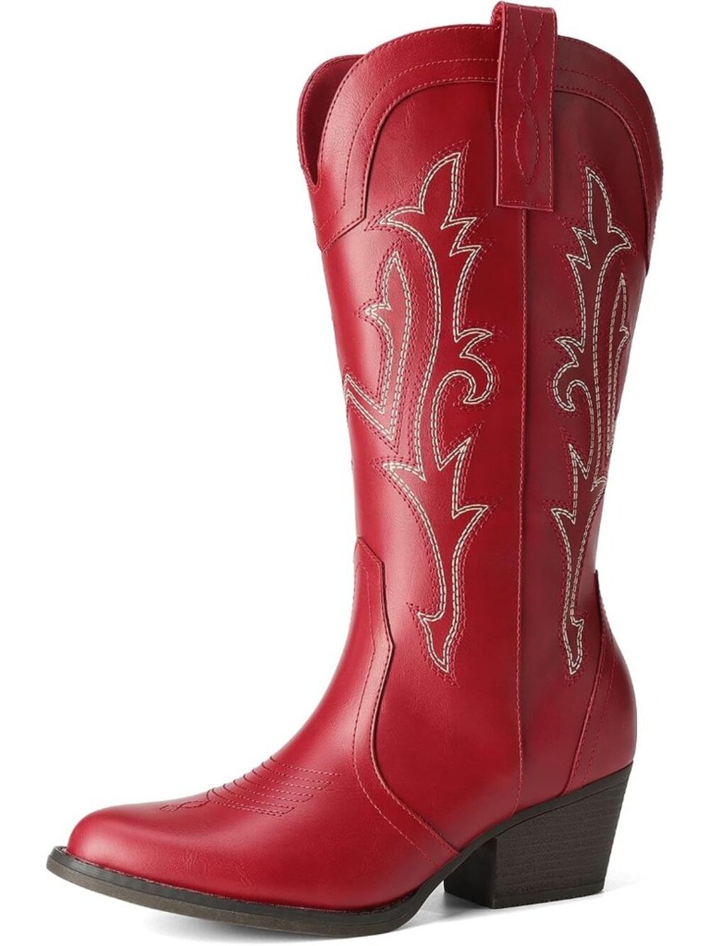 Women's Red Faux Leather Stylish Pointed Toe Low Heel Western Cowgirl Boots